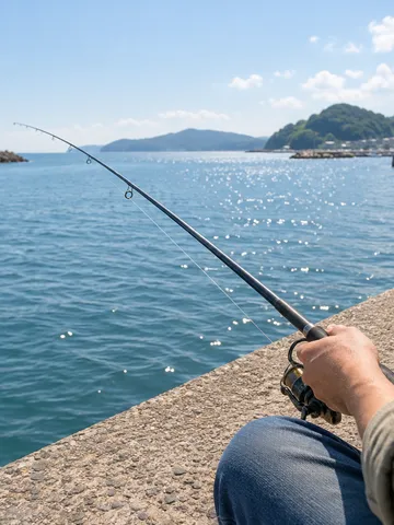 堤防で釣り竿を持つ人の手元と静かな海