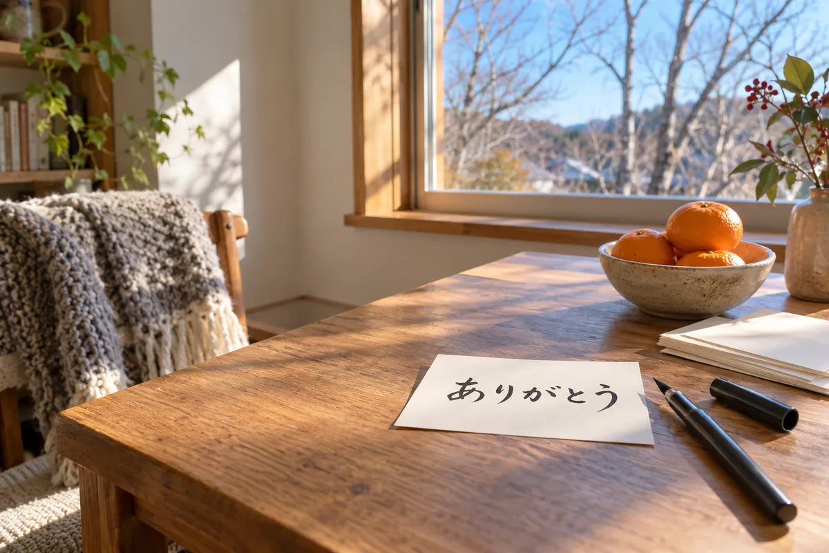筆ペンで「ありがとう」と描いたカードと筆ペン