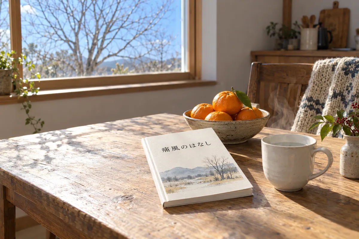 「痛風のはなし」の本と白湯、みかんのある台所