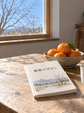 「痛風のはなし」の本と白湯、みかんのある台所