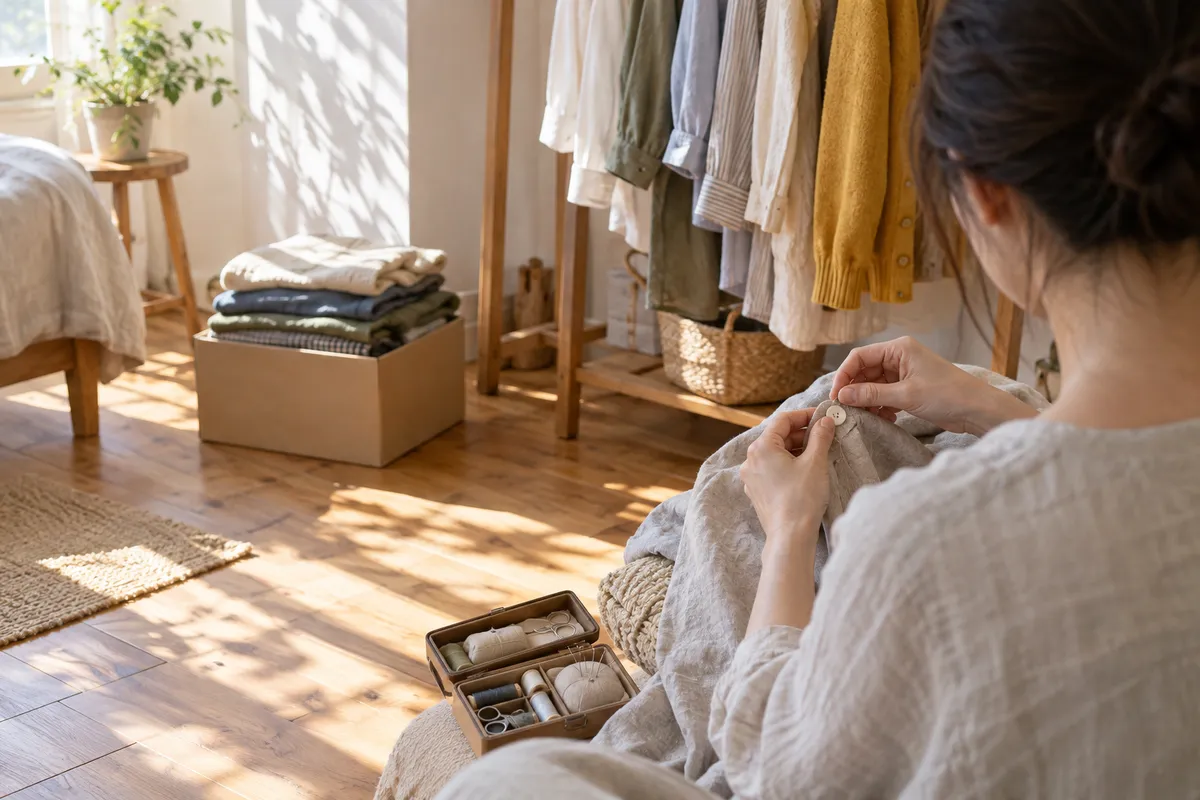 日なたの部屋で服のボタンを直す手元