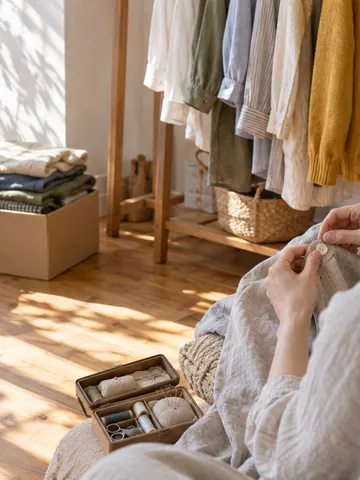 日なたの部屋で服のボタンを直す手元