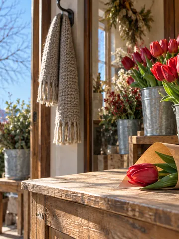 日なたの花屋の店先に並ぶ赤いチューリップ