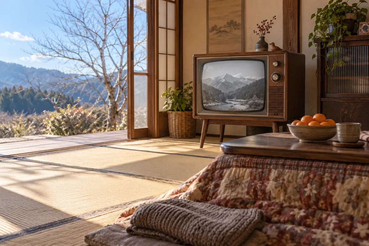 こたつとみかん、古い木製テレビのある日なたの居間