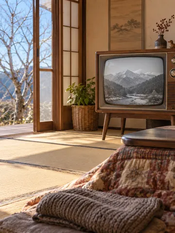 こたつとみかん、古い木製テレビのある日なたの居間