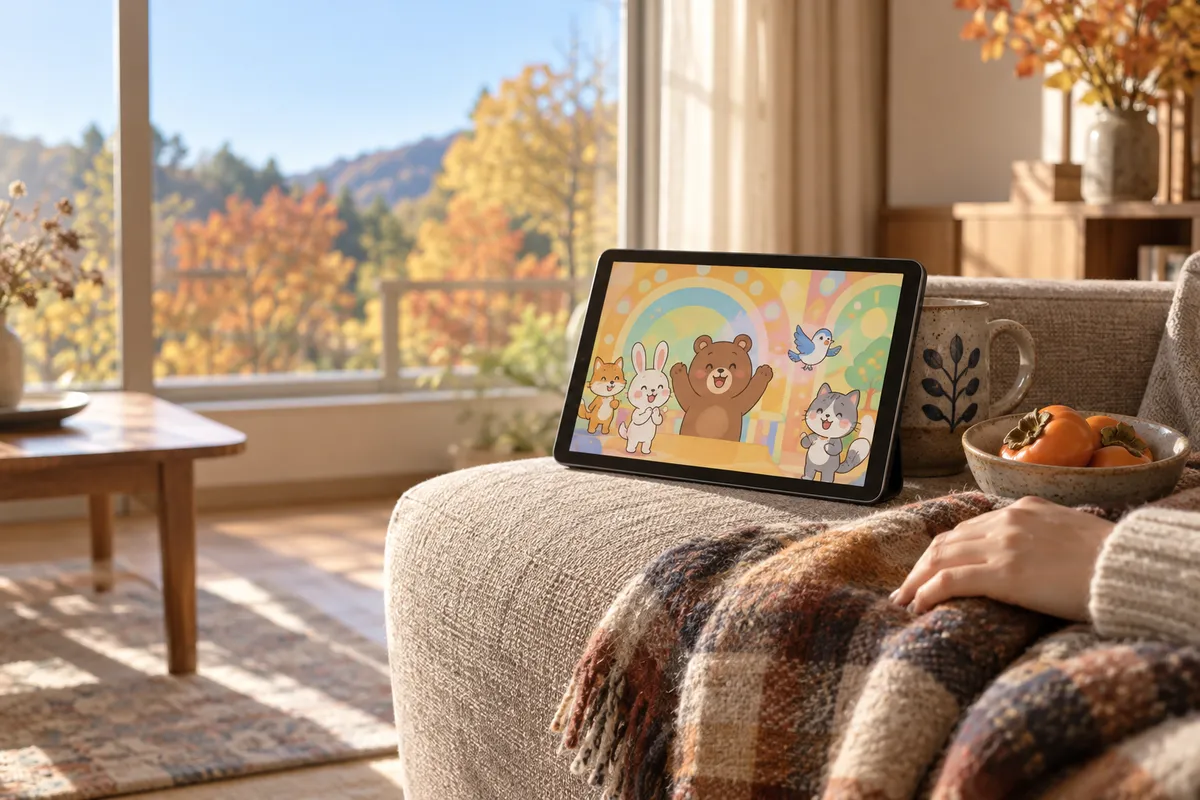 ソファの上のタブレットと柿、ブランケット