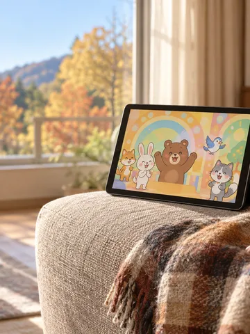 ソファの上のタブレットと柿、ブランケット