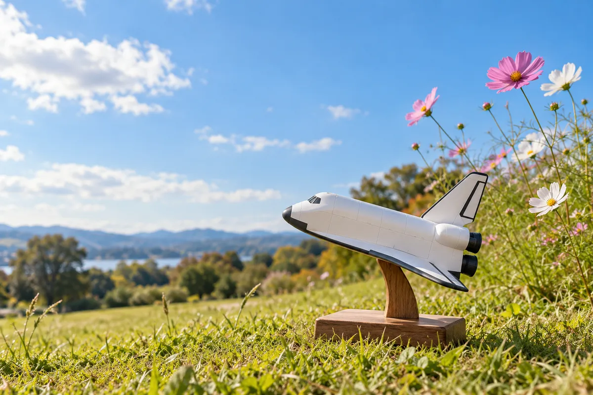 芝生に置かれたスペースシャトルの模型とコスモス