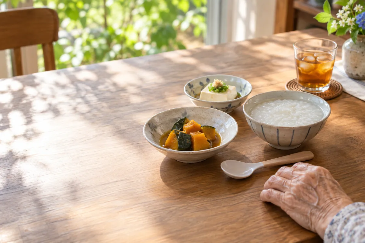 やわらかい料理が並ぶ夏の昼の食卓