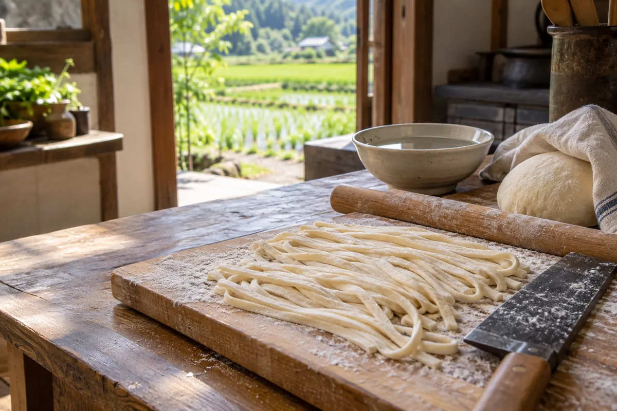 台所の板に並ぶ打ちたてのうどんとめん棒
