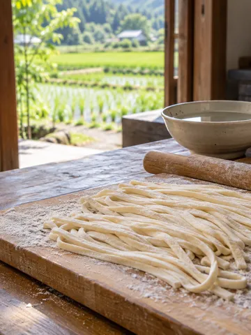 台所の板に並ぶ打ちたてのうどんとめん棒