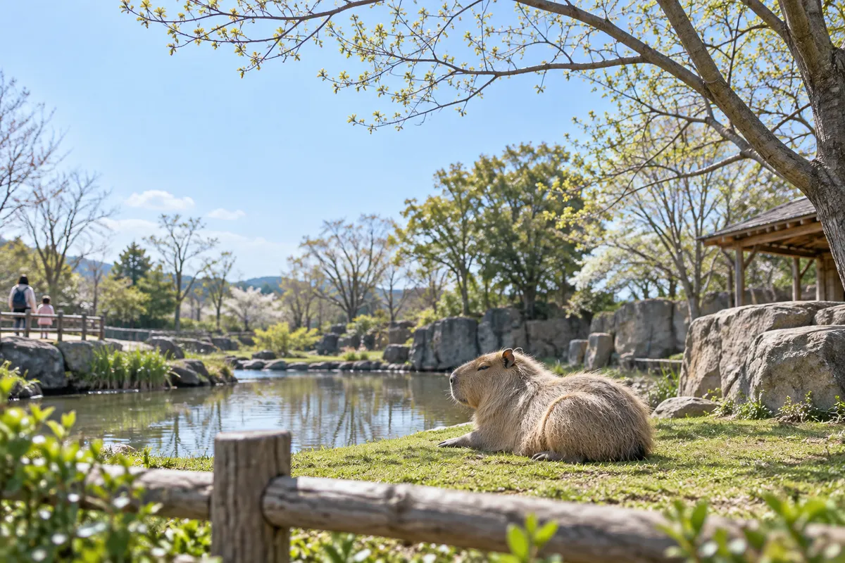 春の動物園で日なたに休むカピバラ