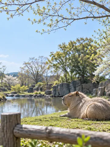 春の動物園で日なたに休むカピバラ