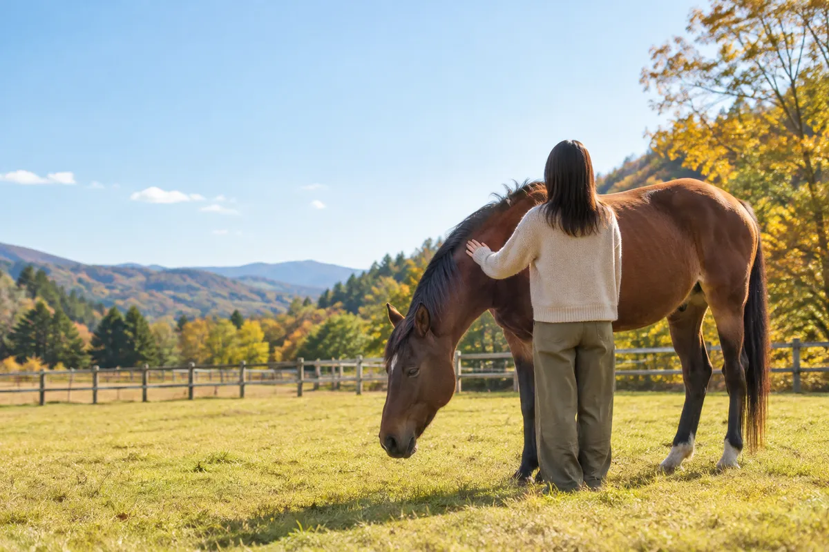 秋空の下、牧場で馬の首すじにそっと手を添ける後ろ姿
