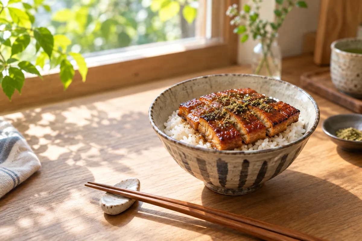 蒲焼き風の練り製品をのせた丼と箸