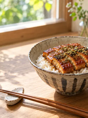 蒲焼き風の練り製品をのせた丼と箸