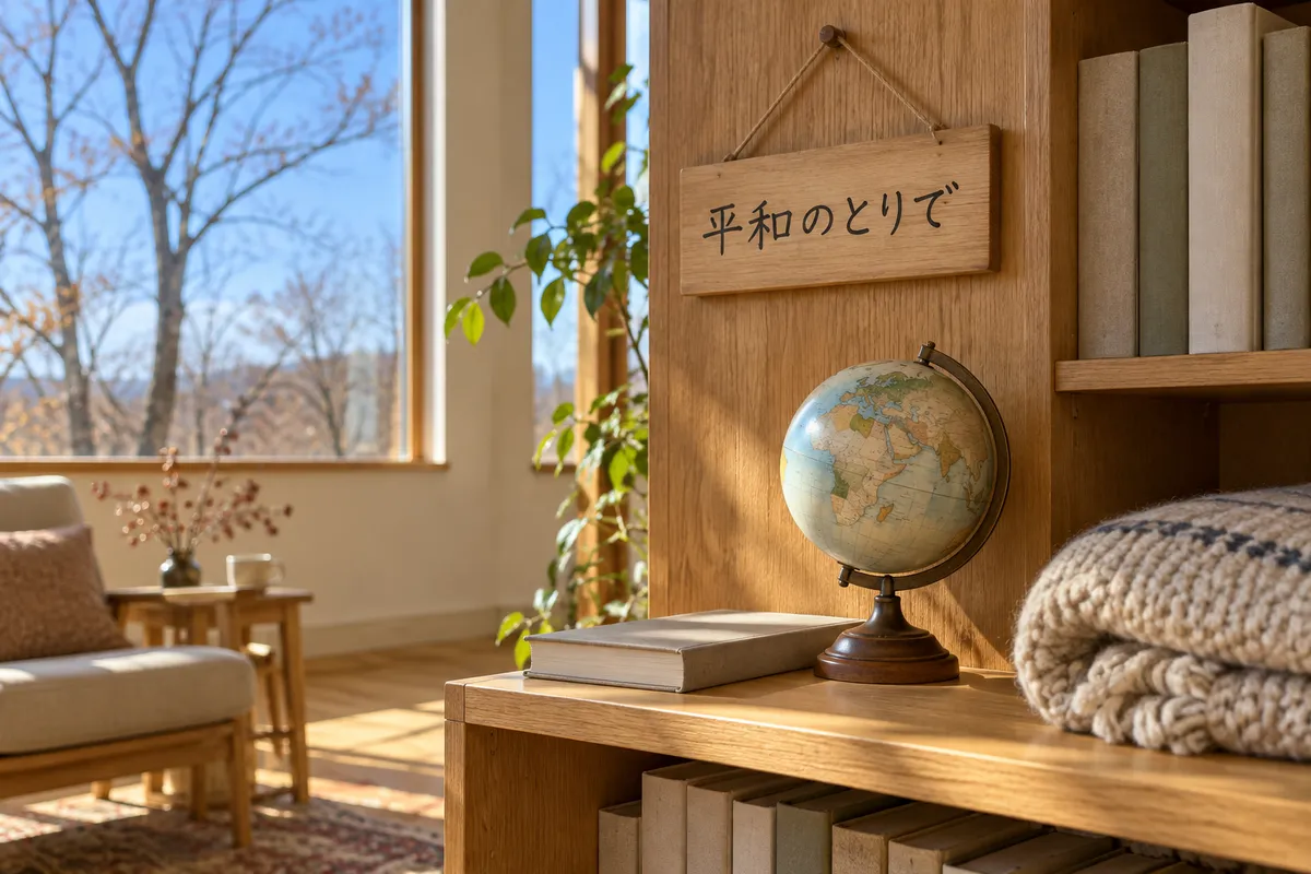 「平和のとりで」の札と地球儀、本が並ぶ棚
