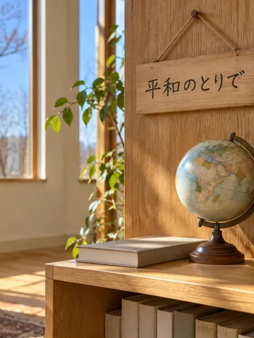 「平和のとりで」の札と地球儀、本が並ぶ棚