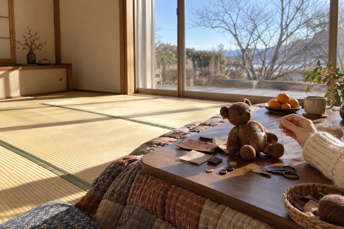 こたつの上で作りかけの手作りぐまと裁縫道具