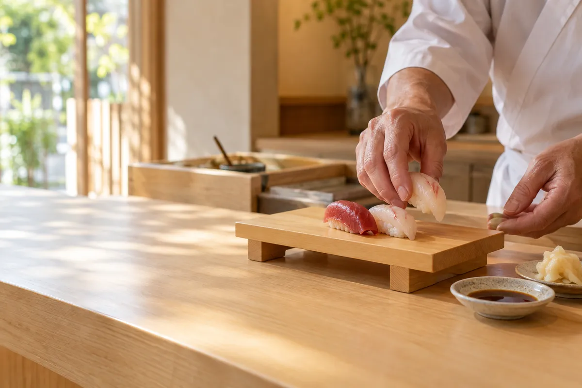 立ち食い寿司のカウンターに並ぶ握り