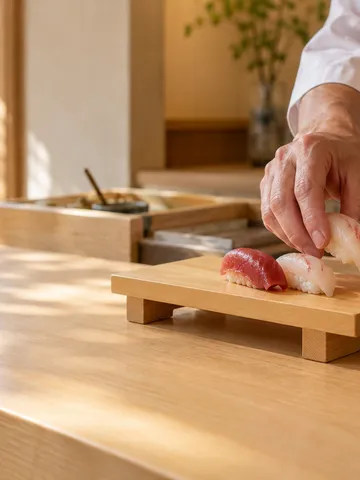 立ち食い寿司のカウンターに並ぶ握り