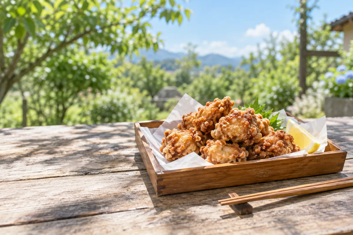 屋外のテーブルに置かれた揚げたてのからあげ