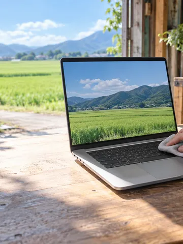 作業台でノートパソコンのキーボードを布で拭く手元