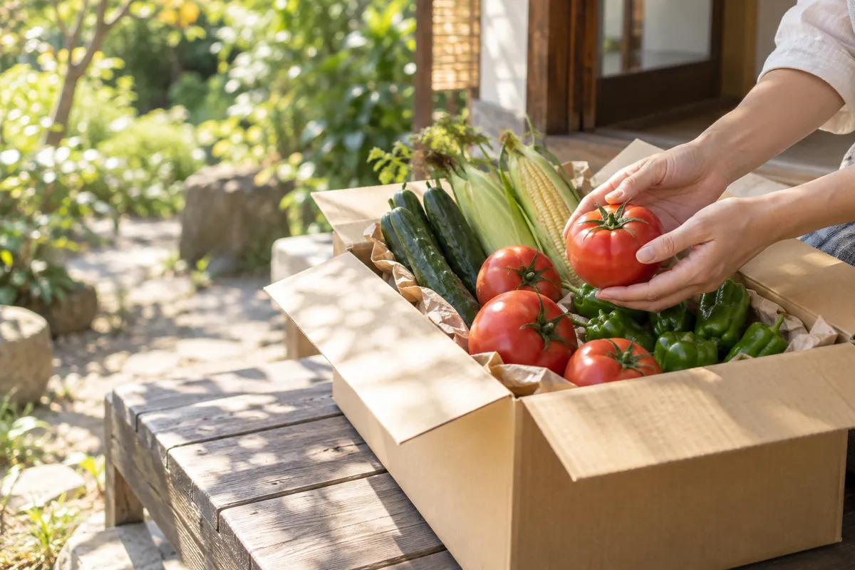日なたの玄関先で夏野菜を取り出す手元