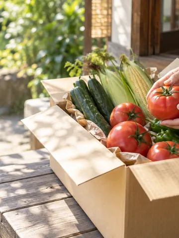 日なたの玄関先で夏野菜を取り出す手元