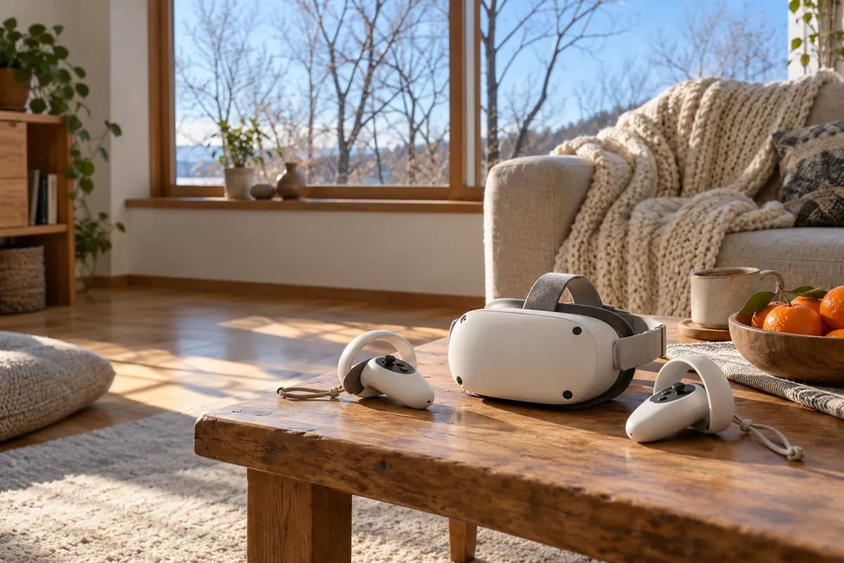 冬の日差しの部屋に置かれたVRヘッドセットとみかん
