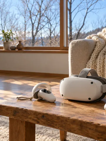 冬の日差しの部屋に置かれたVRヘッドセットとみかん