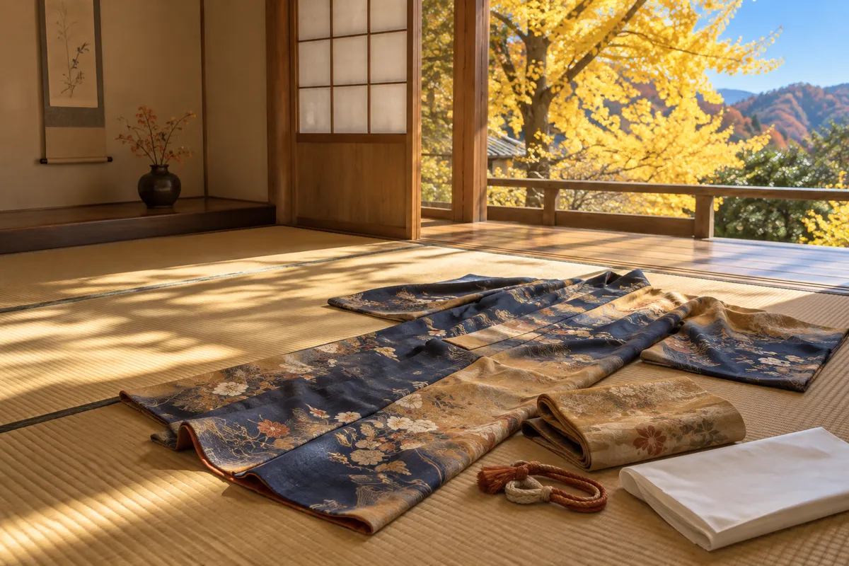日なたの和室の畳に広げた着物と帯
