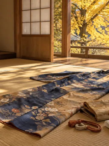 日なたの和室の畳に広げた着物と帯