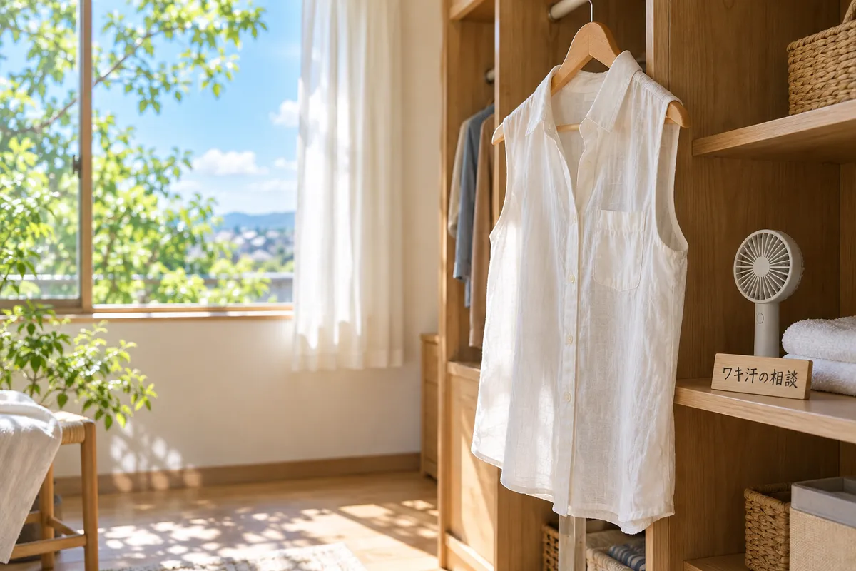 「ワキ汗の相談」の木札と夏のシャツ