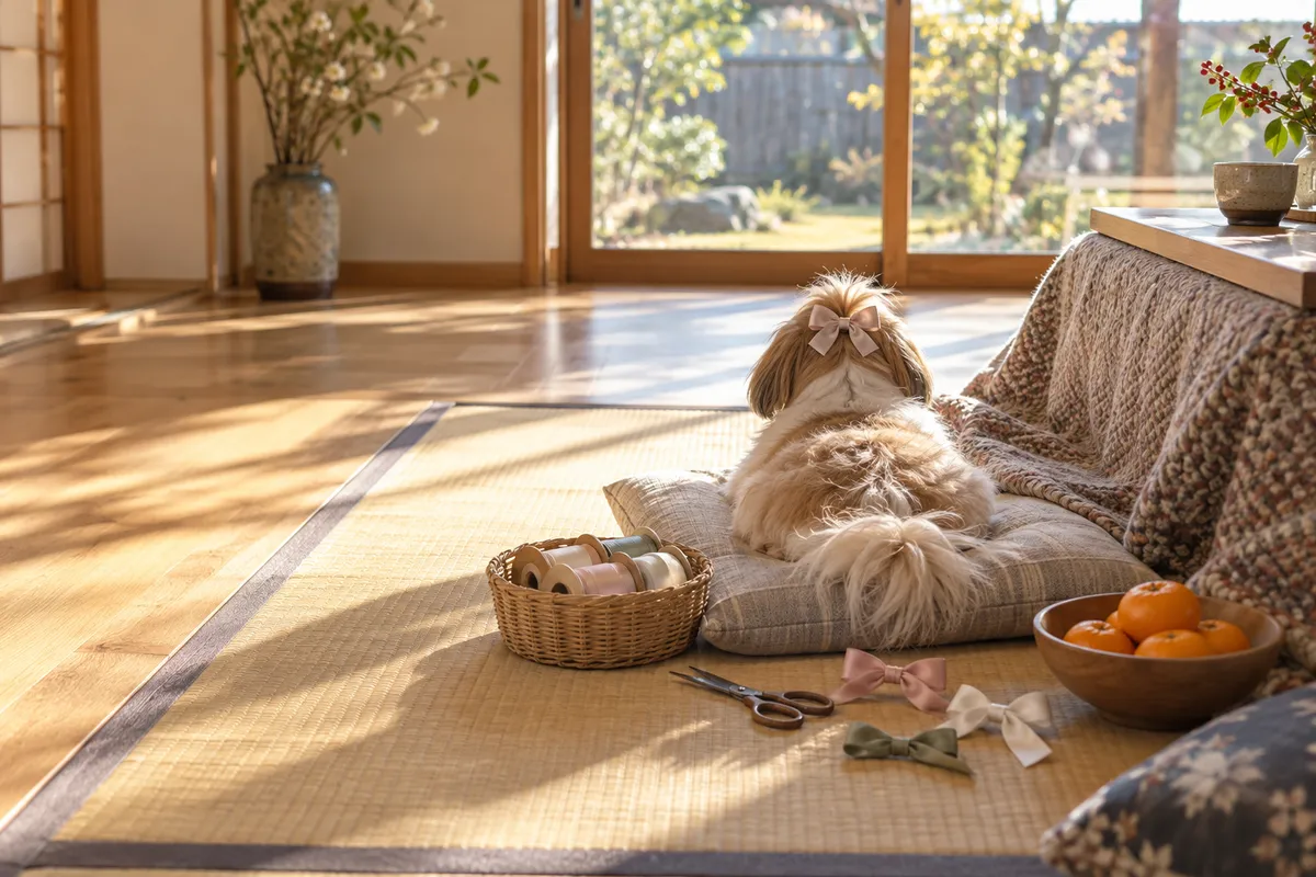 こたつのそばで小さなリボンを着けた犬の後ろ姿