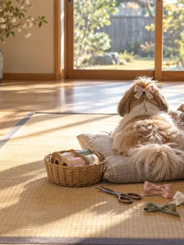 こたつのそばで小さなリボンを着けた犬の後ろ姿