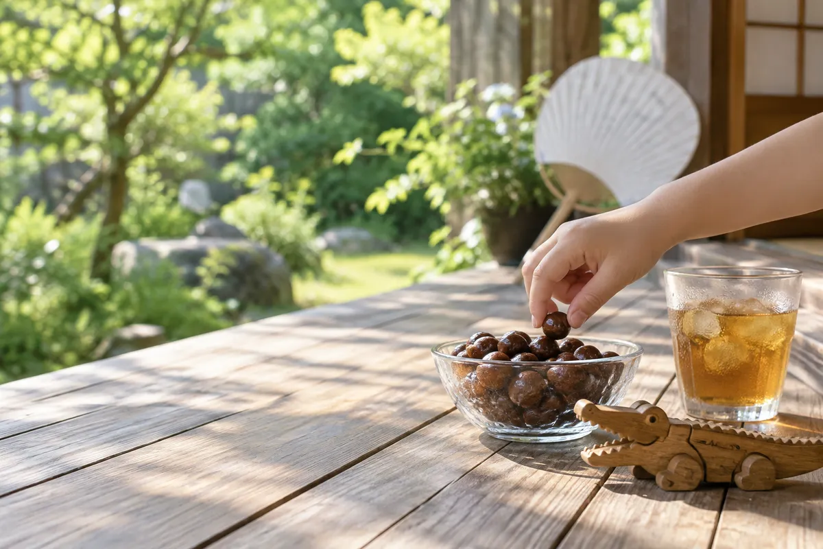 縁側のチョコ菓子の器とワニの木のおもちゃ