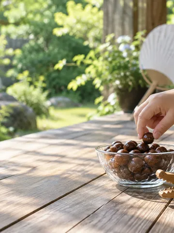 縁側のチョコ菓子の器とワニの木のおもちゃ