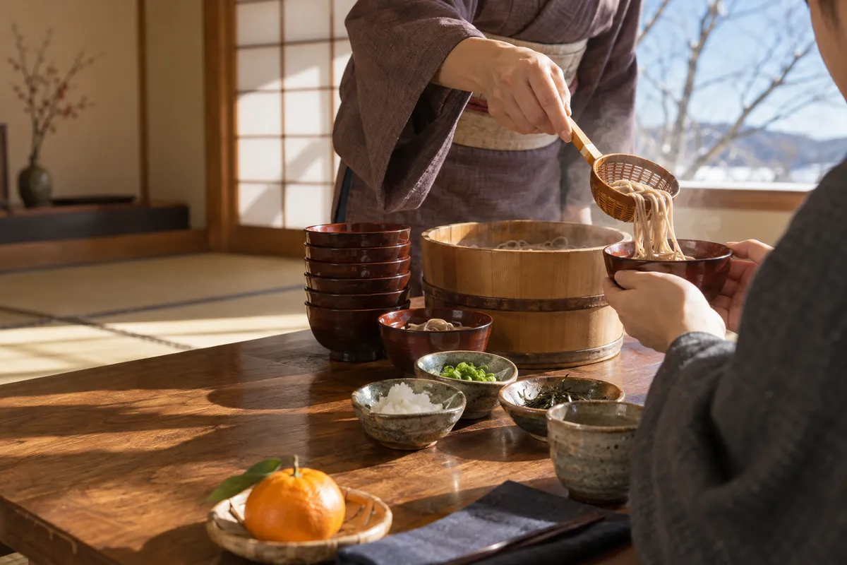 湯気の立つわんこそばと重ねた小さなお椀
