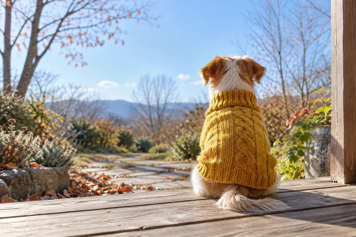 日なたで黄色いニットを着た犬の後ろ姿