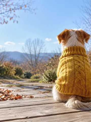日なたで黄色いニットを着た犬の後ろ姿