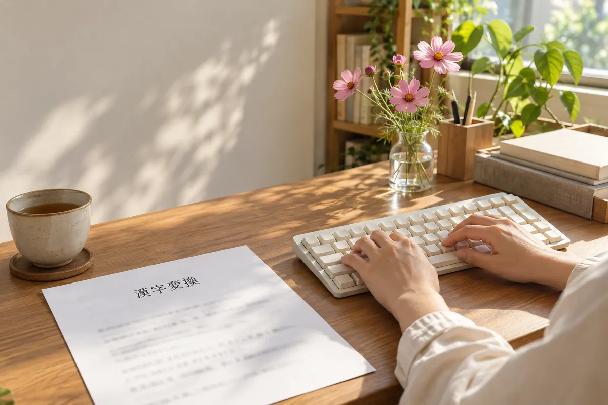 「漢字変換」と印字された紙とキーボード、コスモス