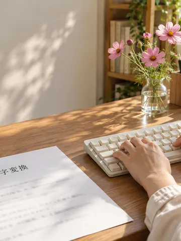 「漢字変換」と印字された紙とキーボード、コスモス