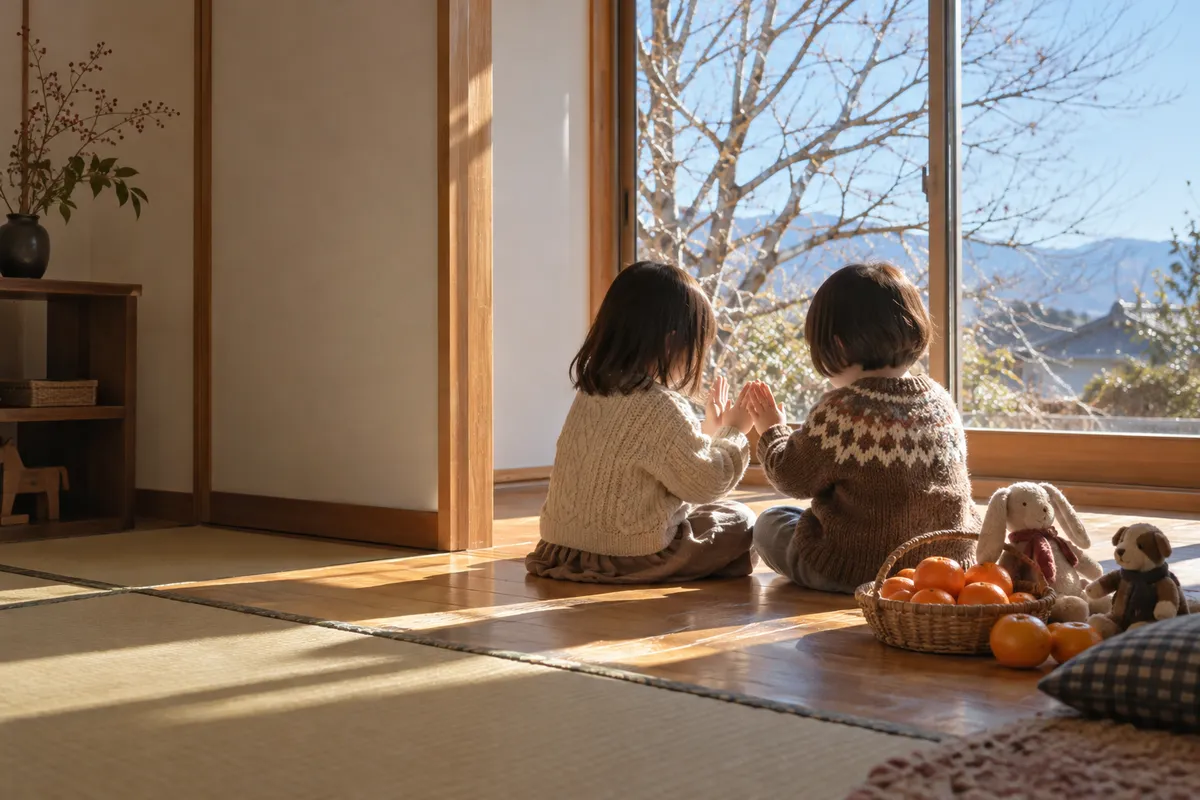 日だまりの部屋で手合わせ遊びをする子どもたちの後ろ姿