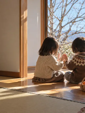 日だまりの部屋で手合わせ遊びをする子どもたちの後ろ姿