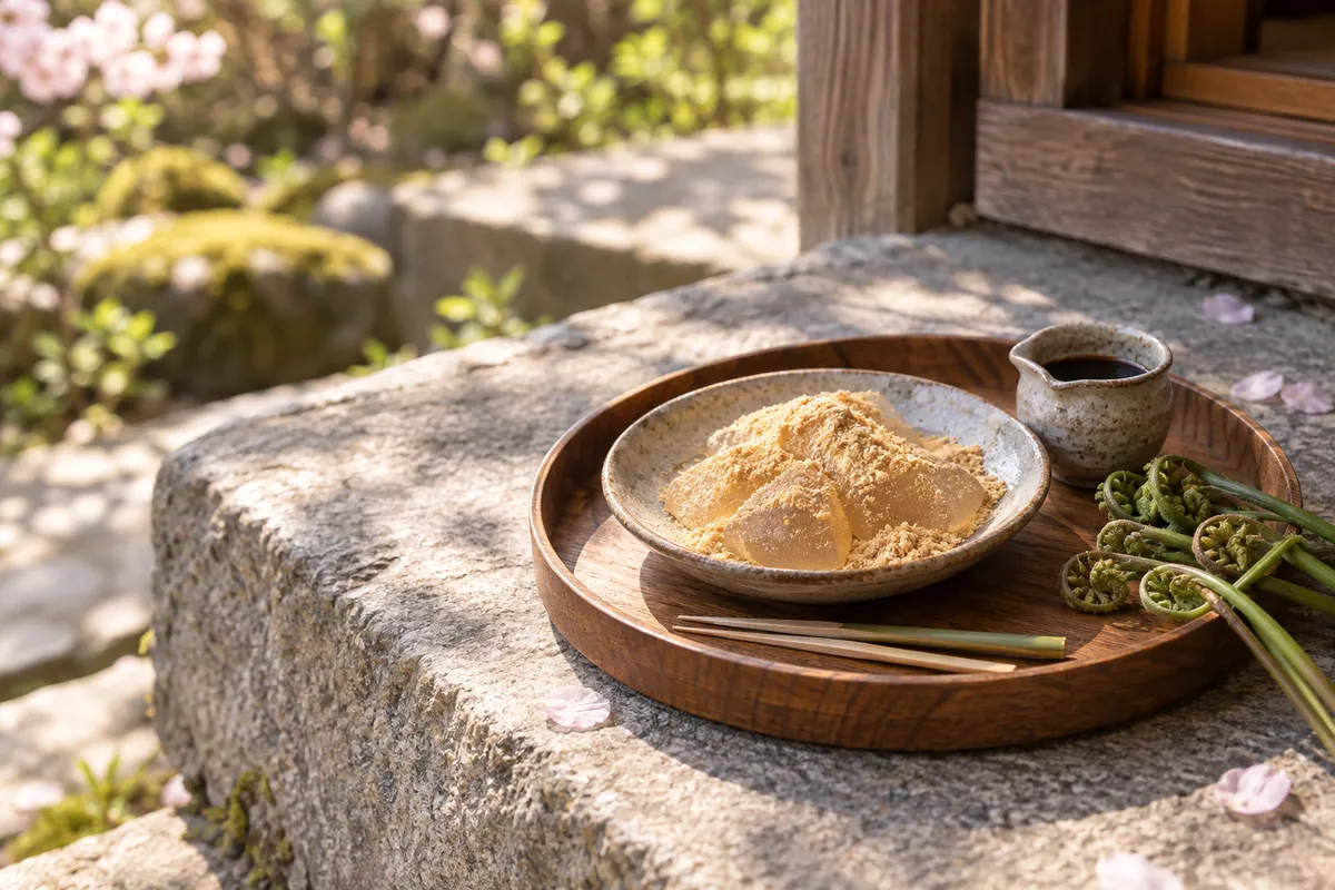 きな粉をまぶしたわらびもちと黒蜜、わらびの若芽