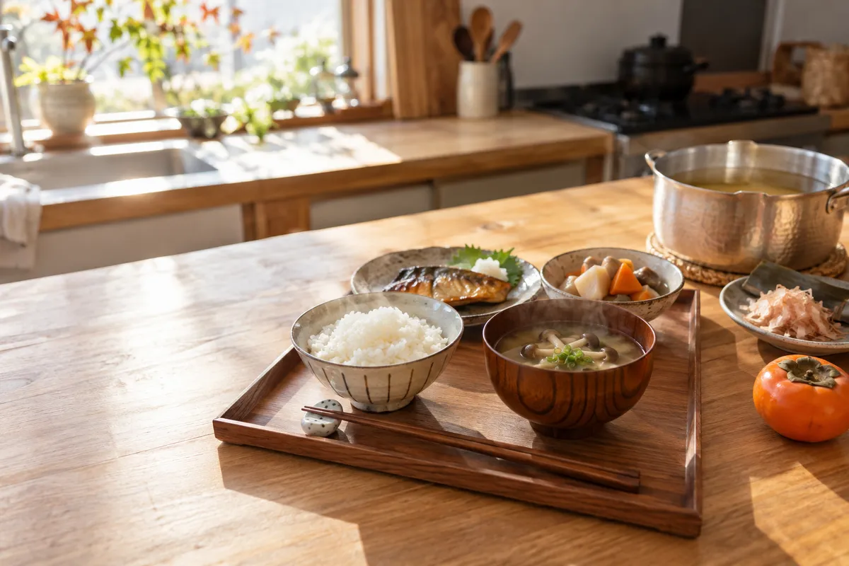 台所に並ぶご飯、みそ汁、焼き魚の和食の膳