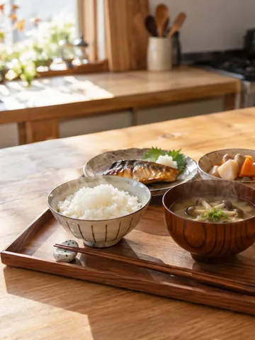 台所に並ぶご飯、みそ汁、焼き魚の和食の膳