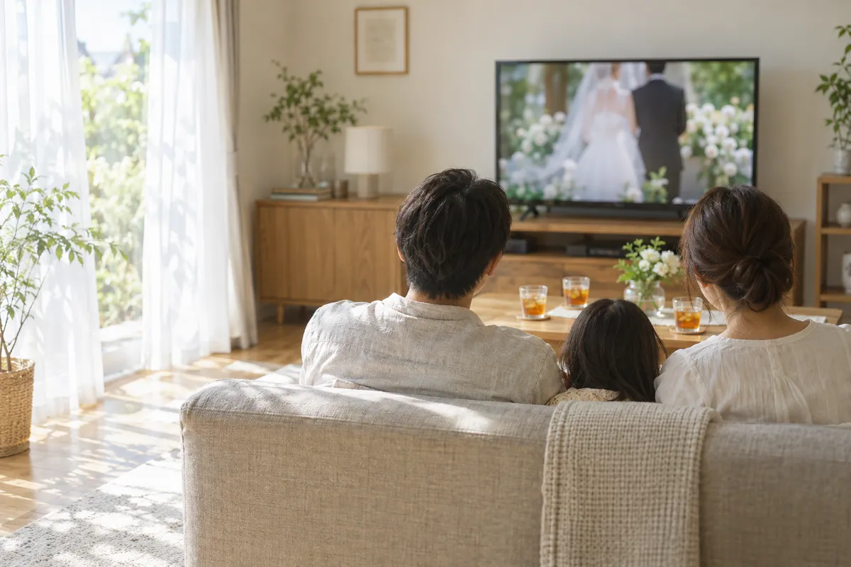 ソファで結婚式の映像を見返す家族の後ろ姿