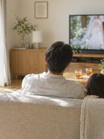 ソファで結婚式の映像を見返す家族の後ろ姿